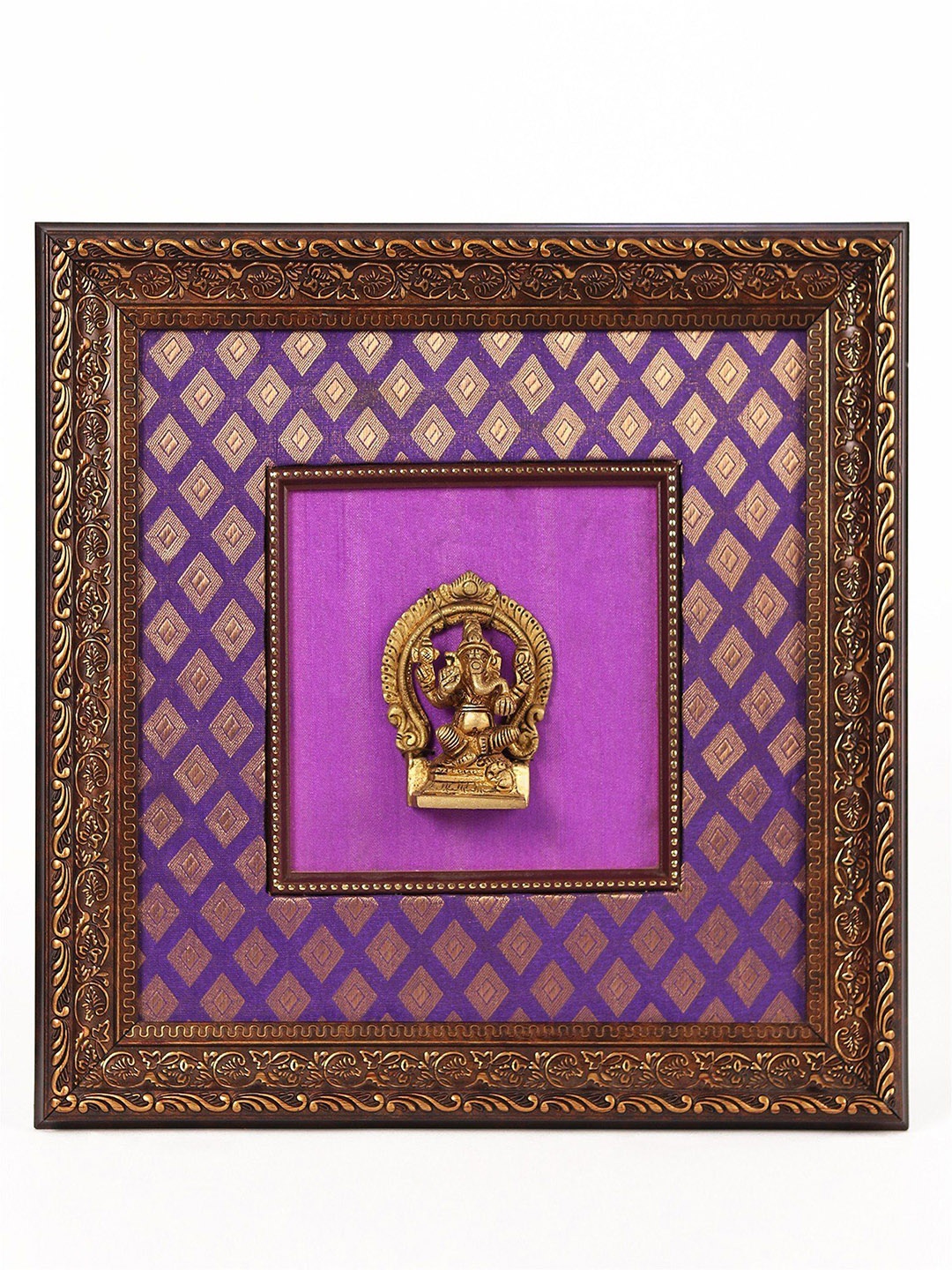 

Exotic India 13" Wooden Framed Brass Lord Ganesha Wall Hanging, Gold