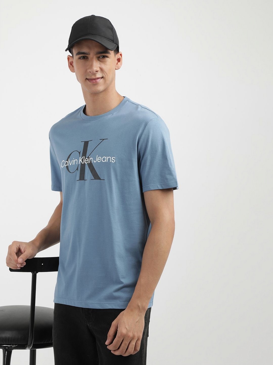

Calvin Klein Jeans Men Typography Printed Round Neck Cotton T-shirt, Blue