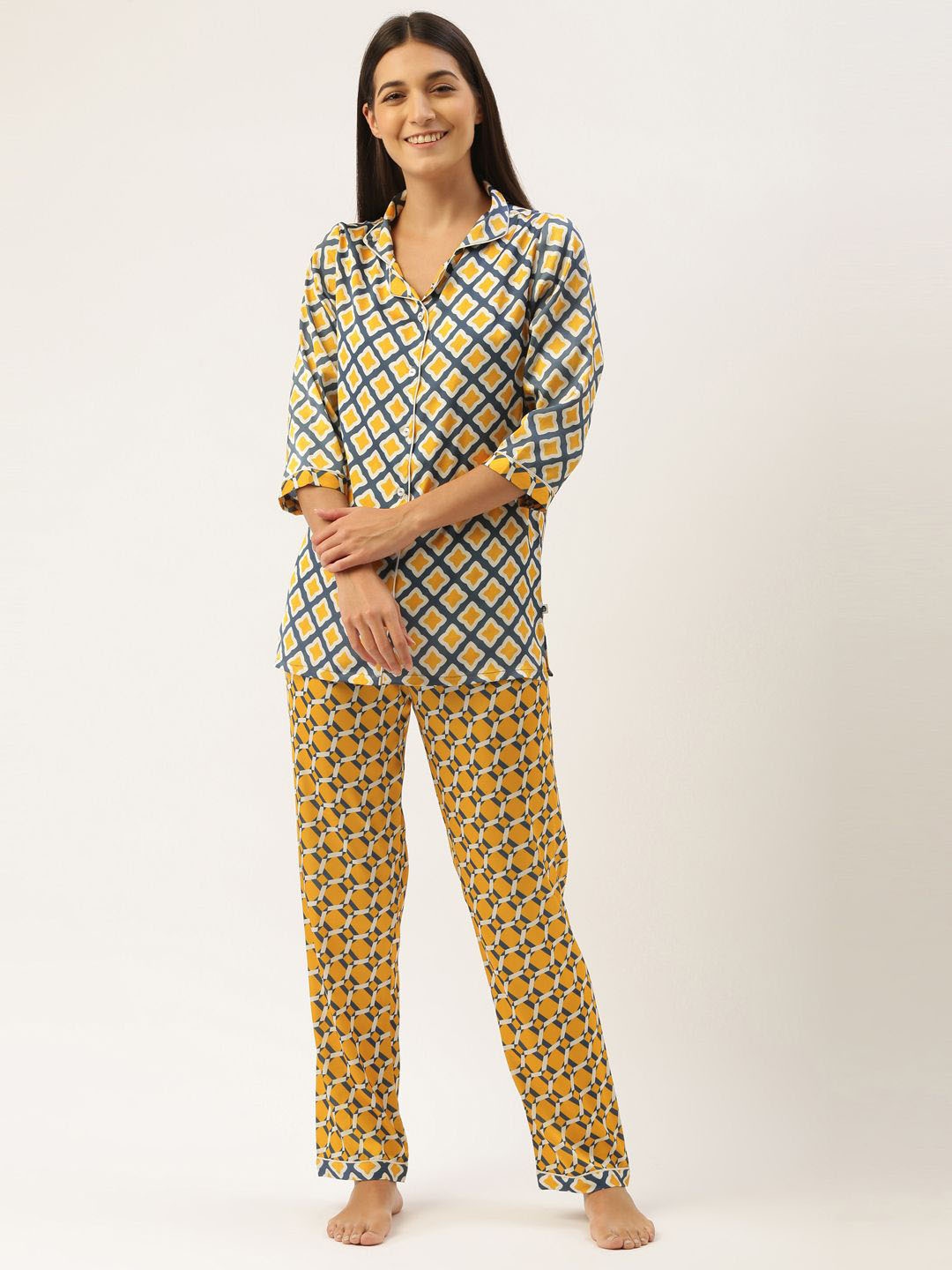

Bannos Swagger Women Geometric Printed Night suit, Yellow