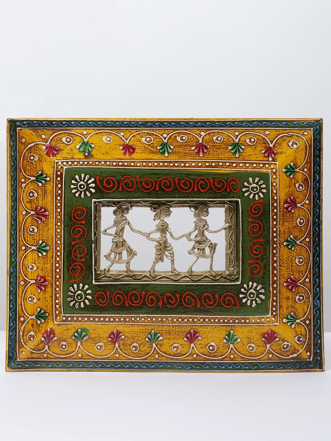 

Exotic India Wooden Framed Brass Tribal Figures Wall Hanging, Yellow