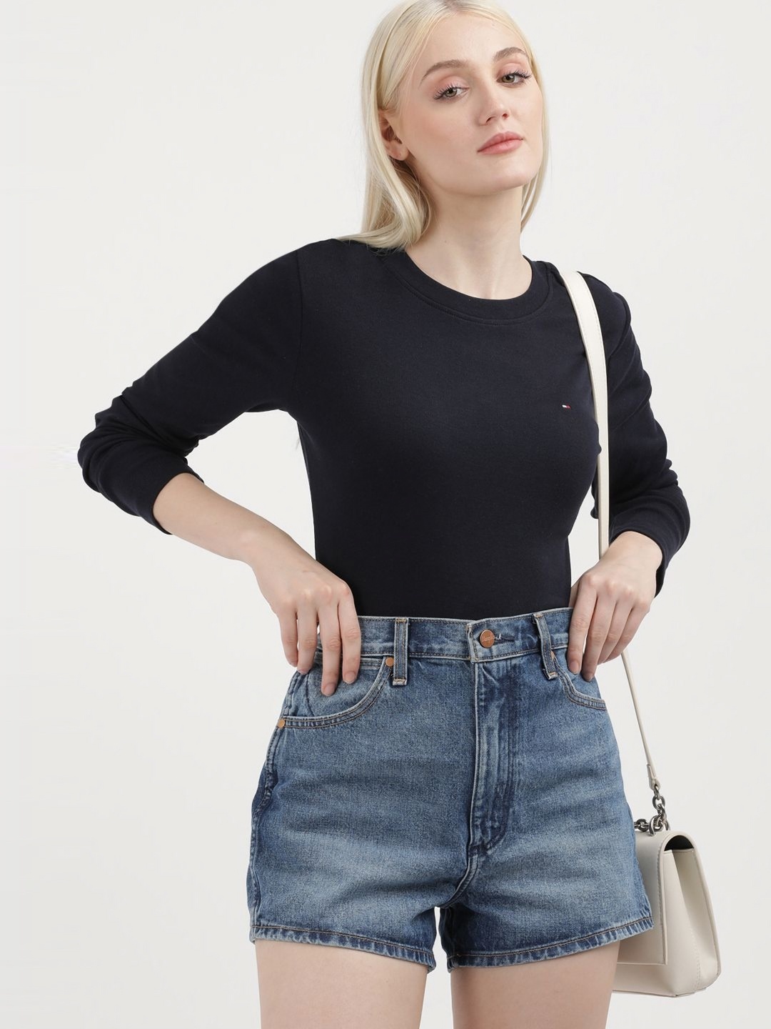 

Tommy Hilfiger Women Solid Round Neck Cotton Slim Fit T-shirt, Navy blue