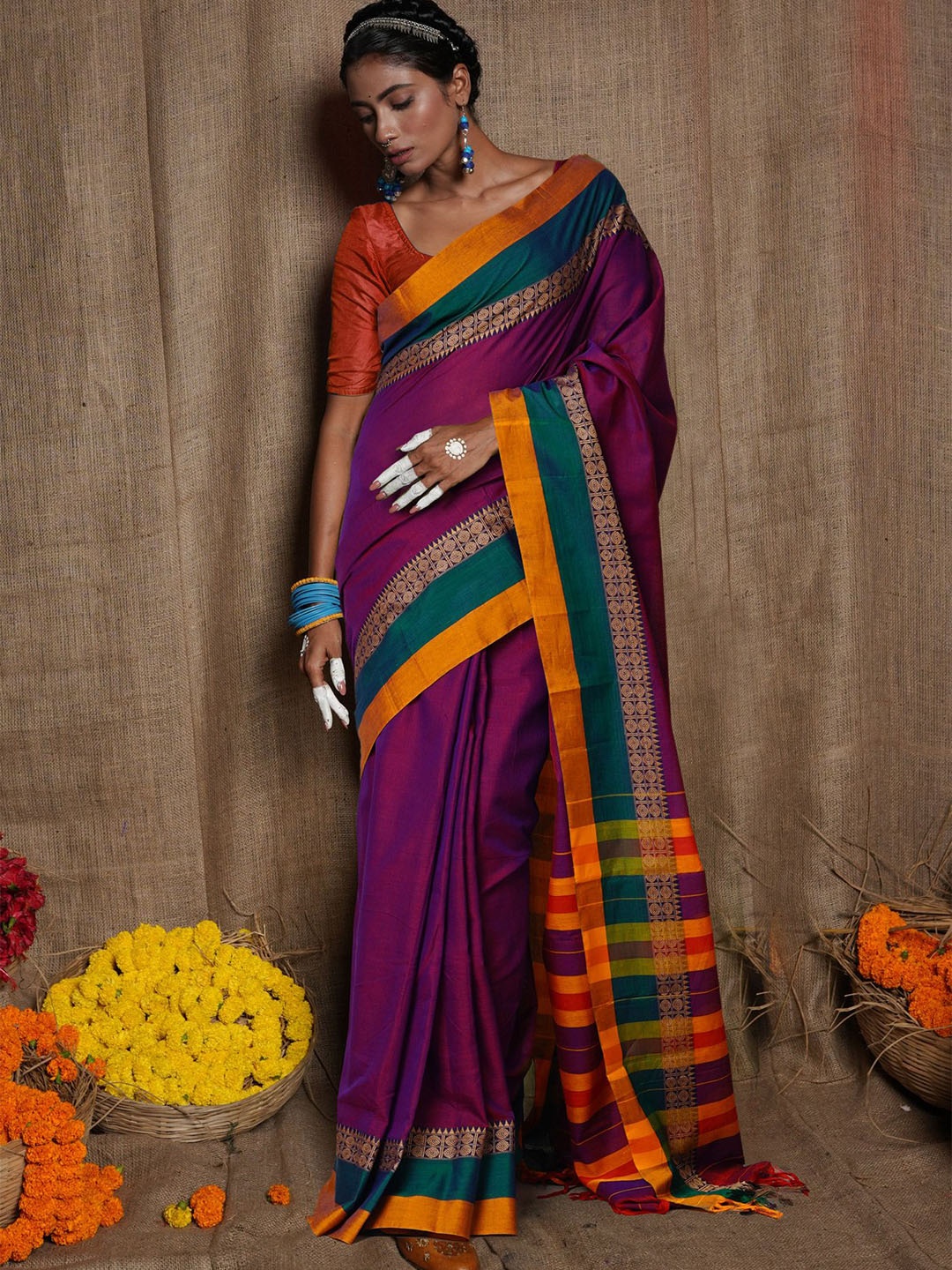 

Unnati Silks Pure Cotton Handloom Narayan Peth Saree, Purple