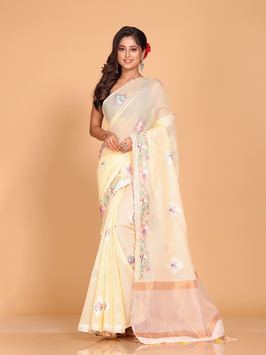 

Morchari Floral Embroidered Pure Cotton Saree, Yellow
