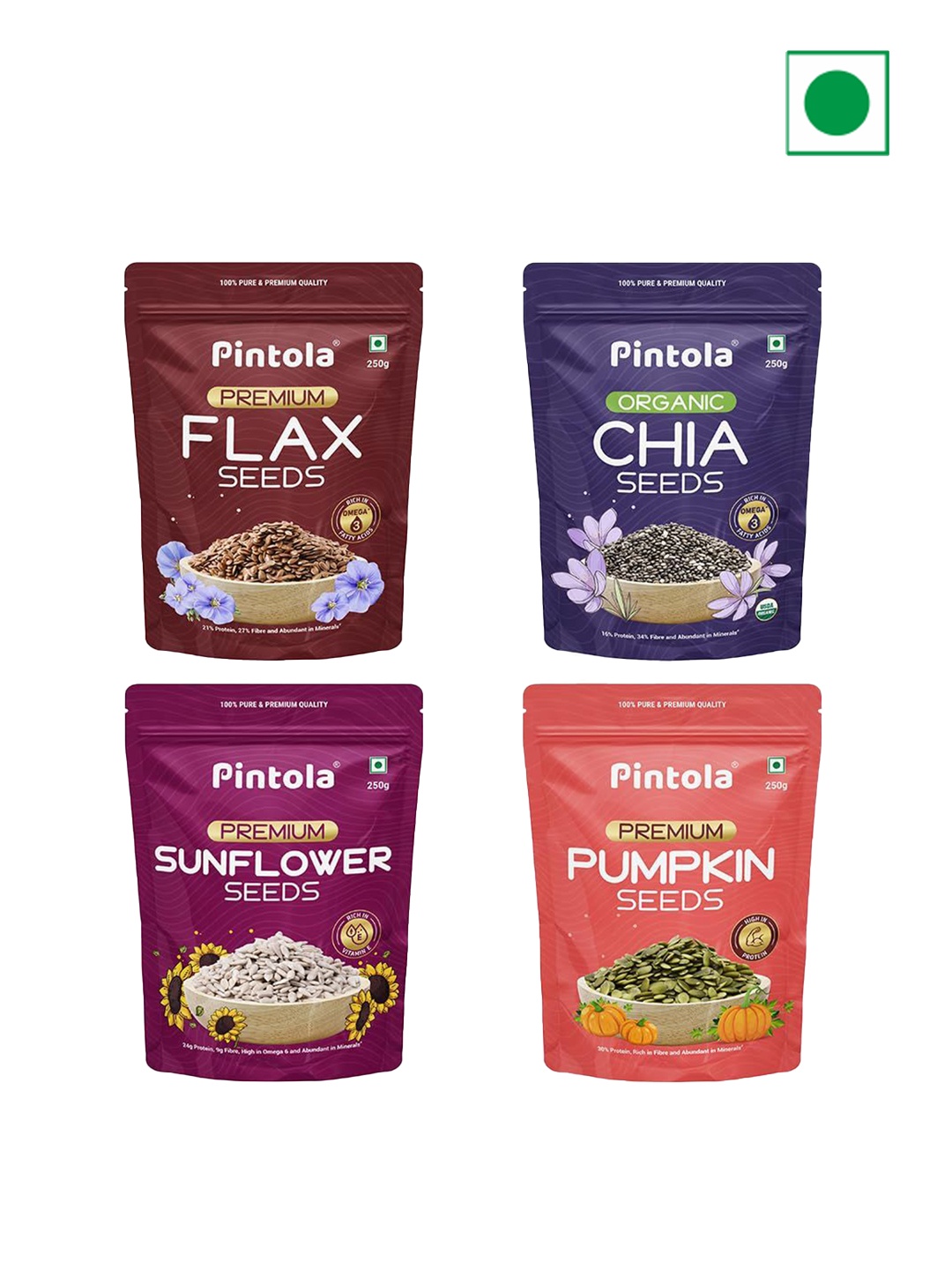 

Pintola Combo of 4 Chia Seeds, Flax Seeds, Pumpkin Seeds, Sunflower Seeds-250g each, Blue