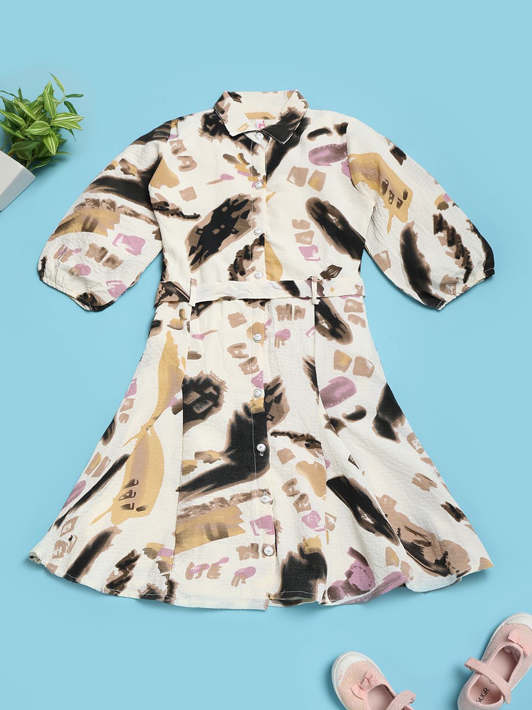 

V-Mart Girls Printed Georgette Collar Neck Print Shirt Dress, Off white