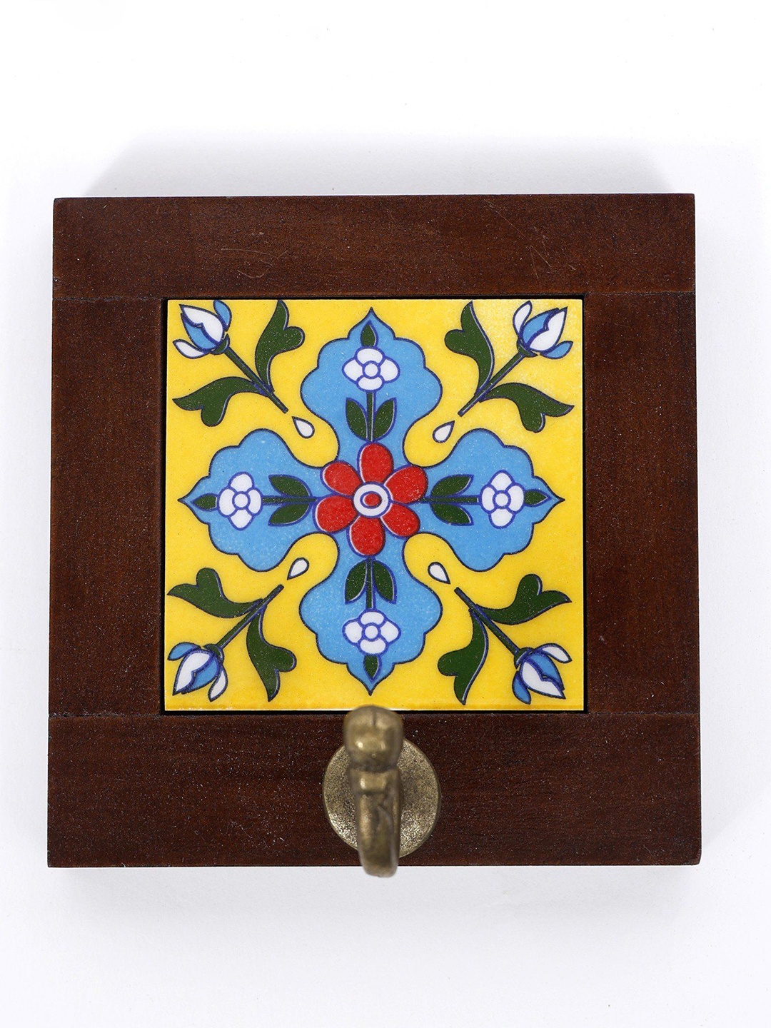 

Exotic India 4" Wood Framed Single Tile Wall Brass Hook, Yellow