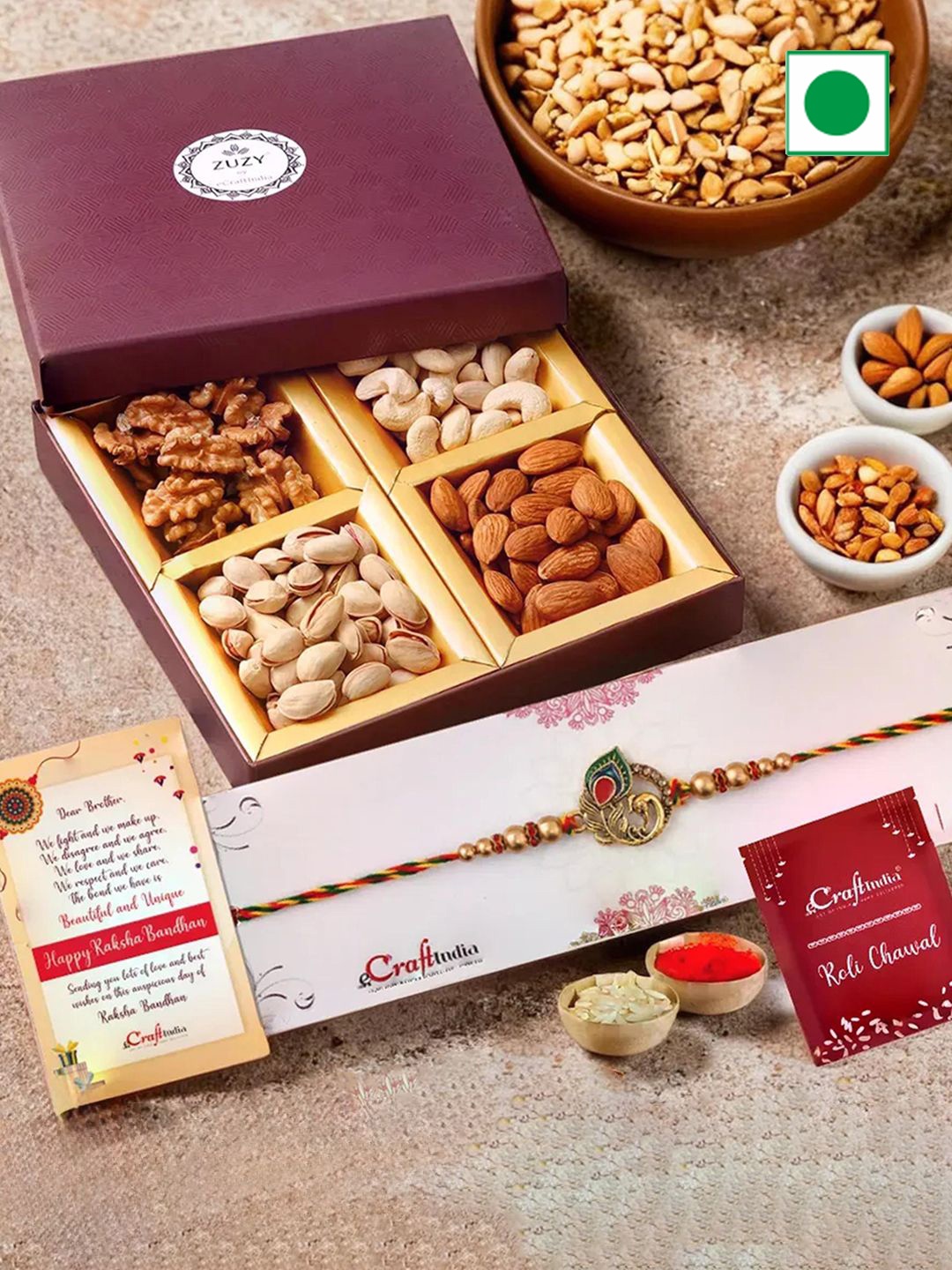 

eCraftIndia Peacock Rakhi with Zuzy Dry Fruit Box and Roli Chawal Pack, Gold
