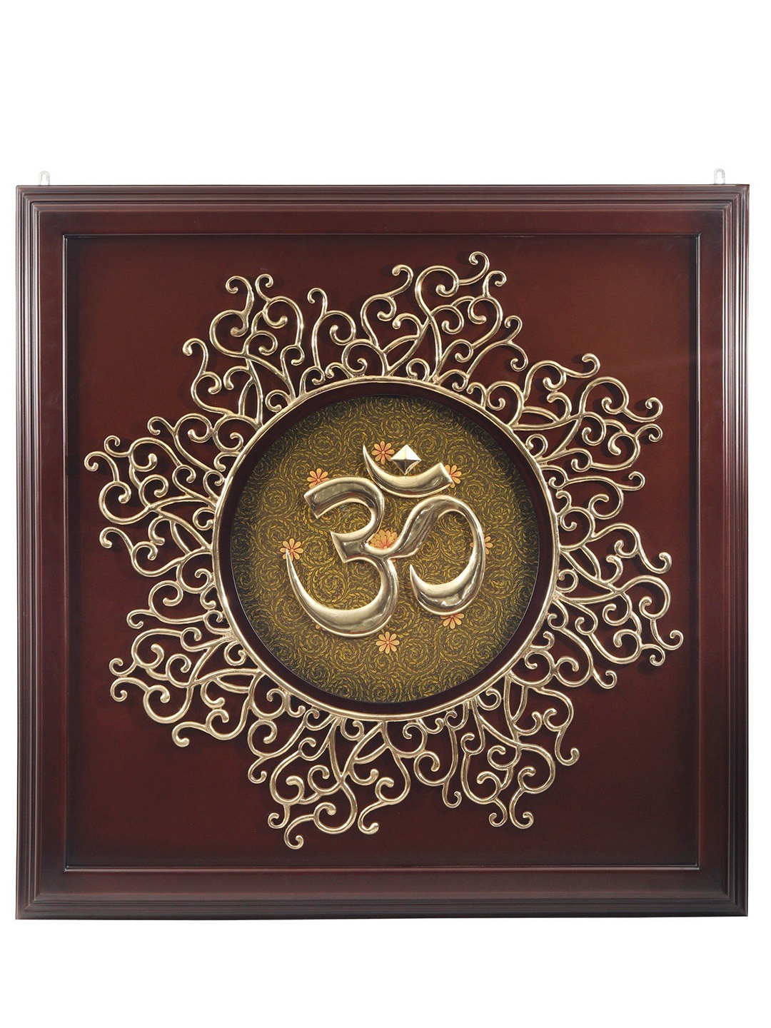 

Exotic India Wooden Framed Om Wall Hanging in Brass, Maroon