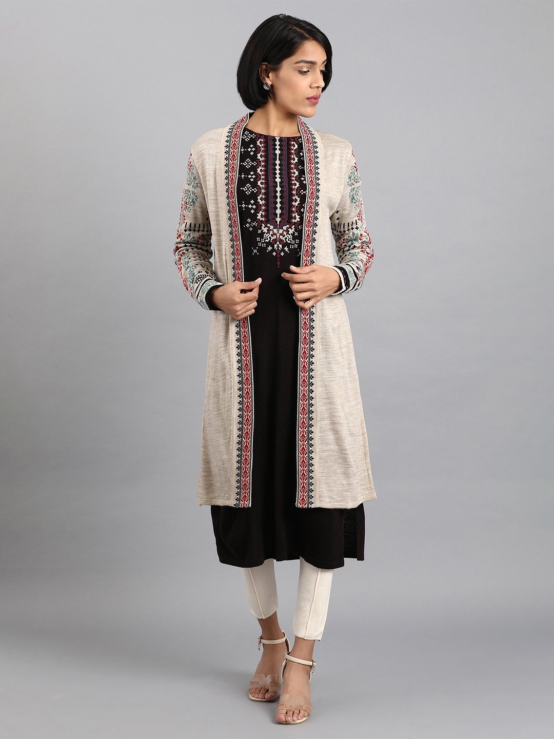 

W Women Floral Polyester PU Coated Cardigan, Beige