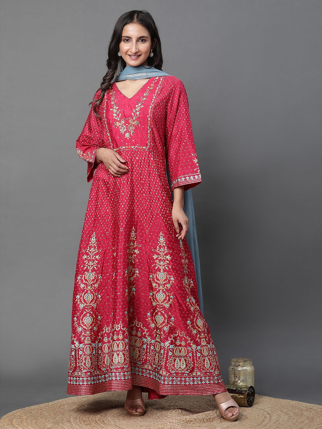 

W Ethnic Motifs Flared Sleeve Maxi Dress, Pink