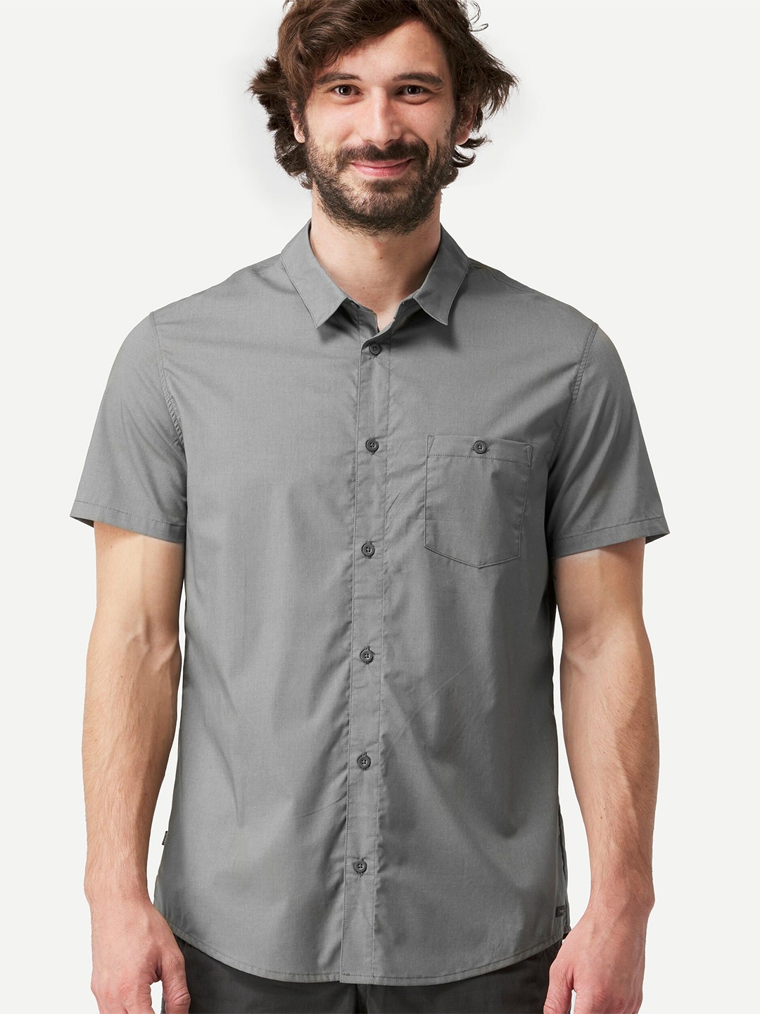 

FORCLAZ By Decathlon Men Solid Grey Half Sleeve Travel Shirt