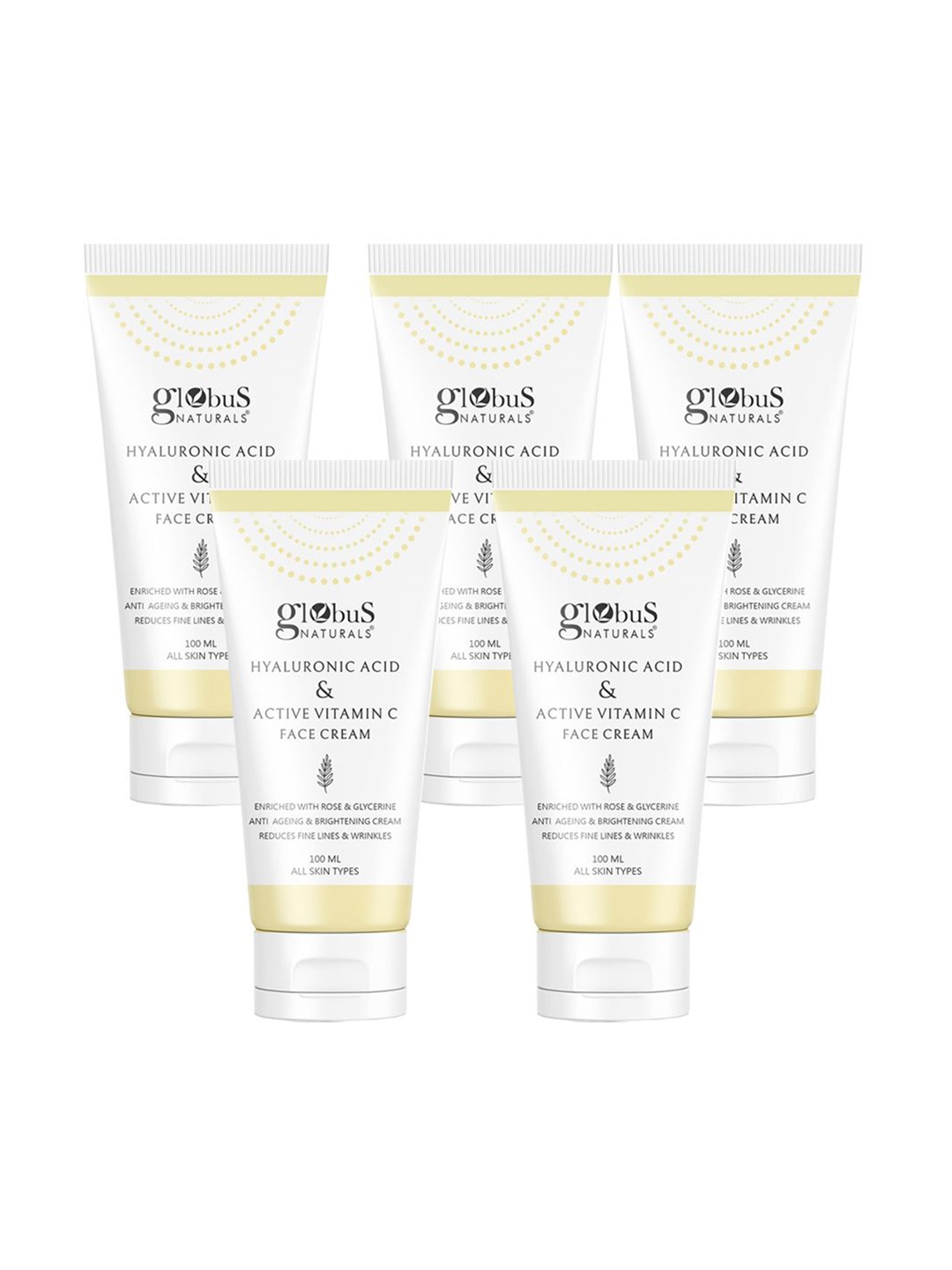 

Globus naturals Set of 5 Anti Ageing Hyaluronic Acid & Vitamin C Face Cream- 100gm Each, White
