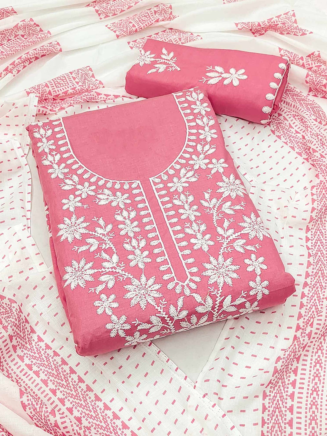 

Peachmode Embroidered Pure Cotton Unstitched Dress Material, Pink