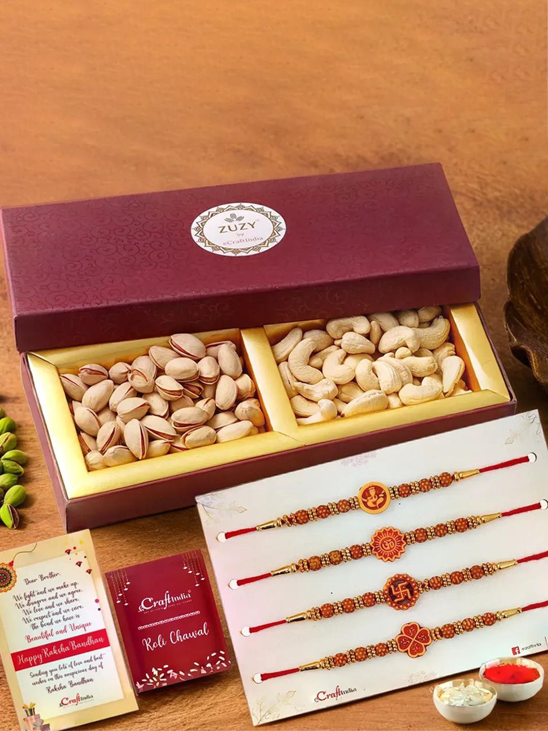 

eCraftIndia Set of 4 Beaded Rakhis with Cashew & Pistachio Dried Fruits with Roli Chawal, Gold