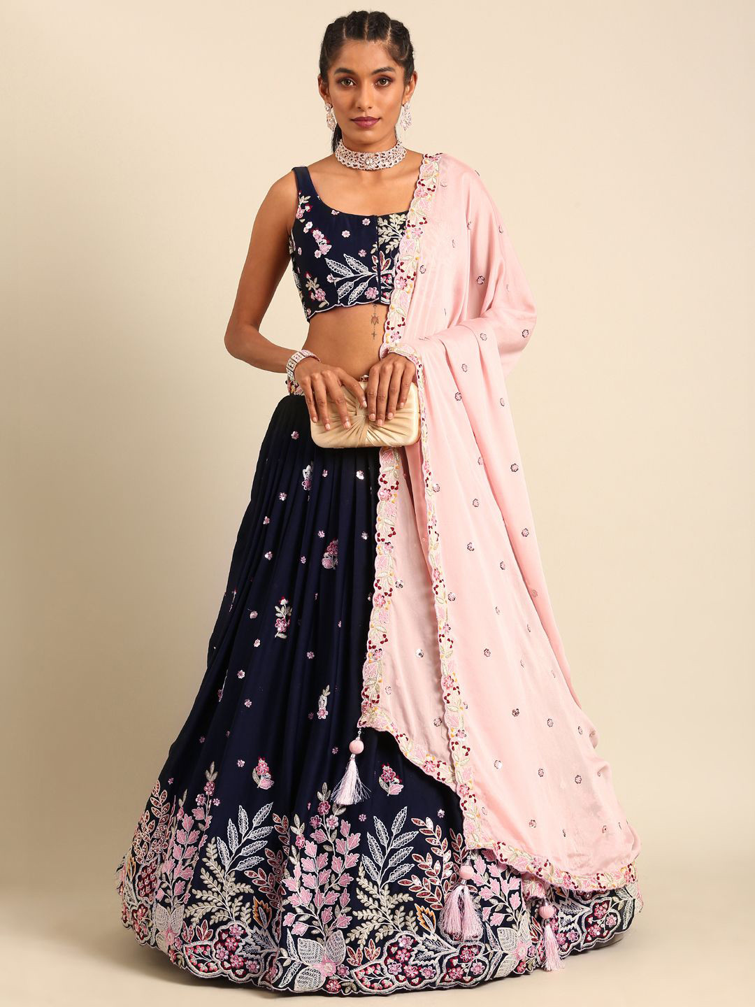 

panchhi Embroidered Sequinned Semi-Stitched Lehenga & Unstitched Blouse With Dupatta, Navy blue