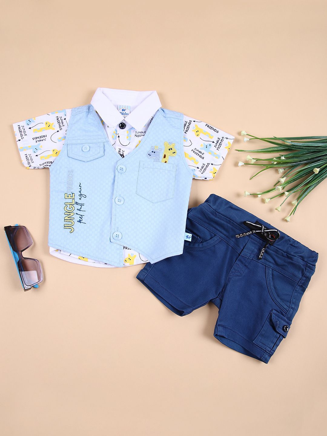 

V-Mart Infants Printed Pure Cotton Shirt with Shorts & Waistcoat, White