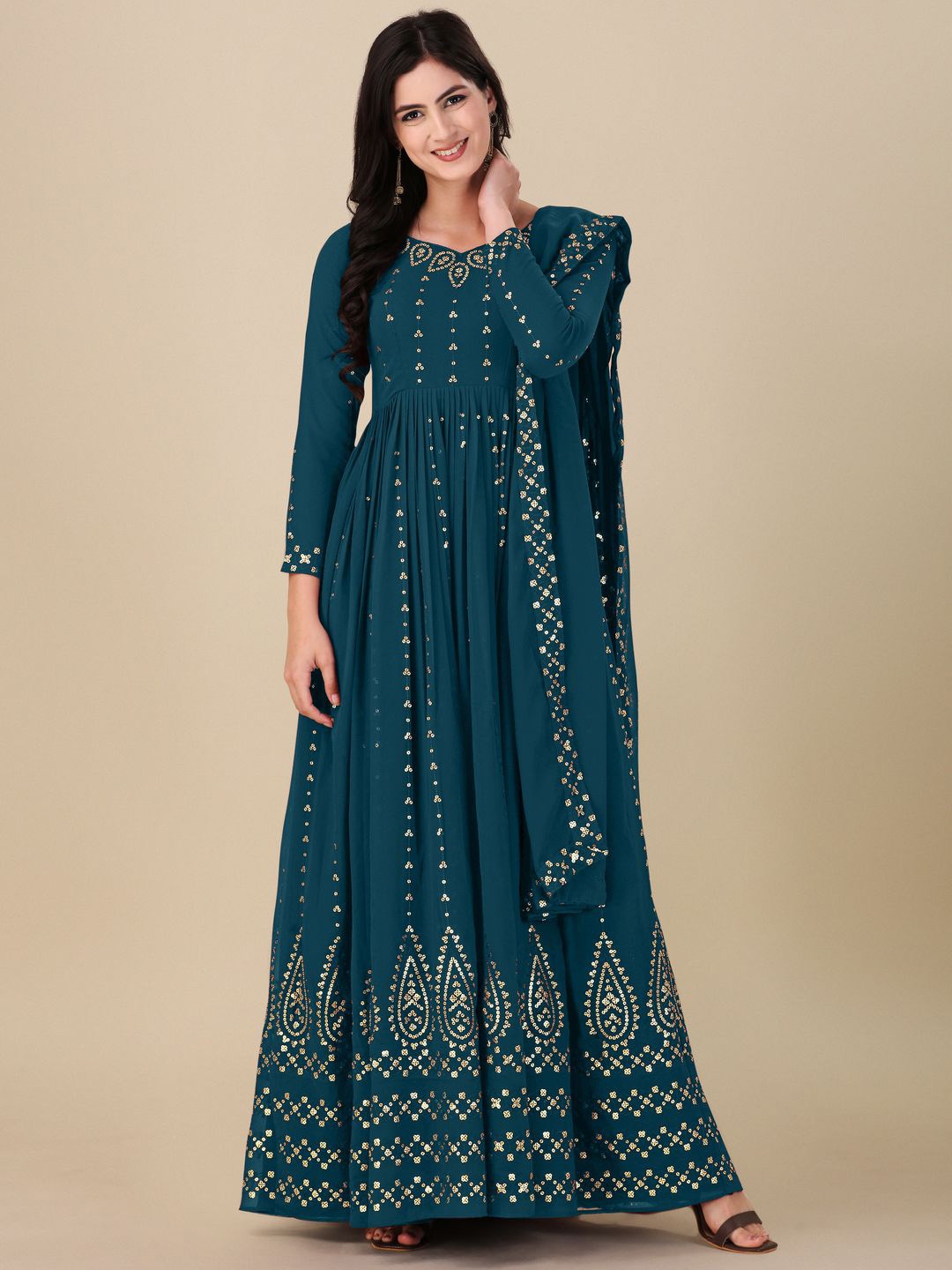 

KALINI Floral Embroidered Semi-Stitched Dress Material, Turquoise blue