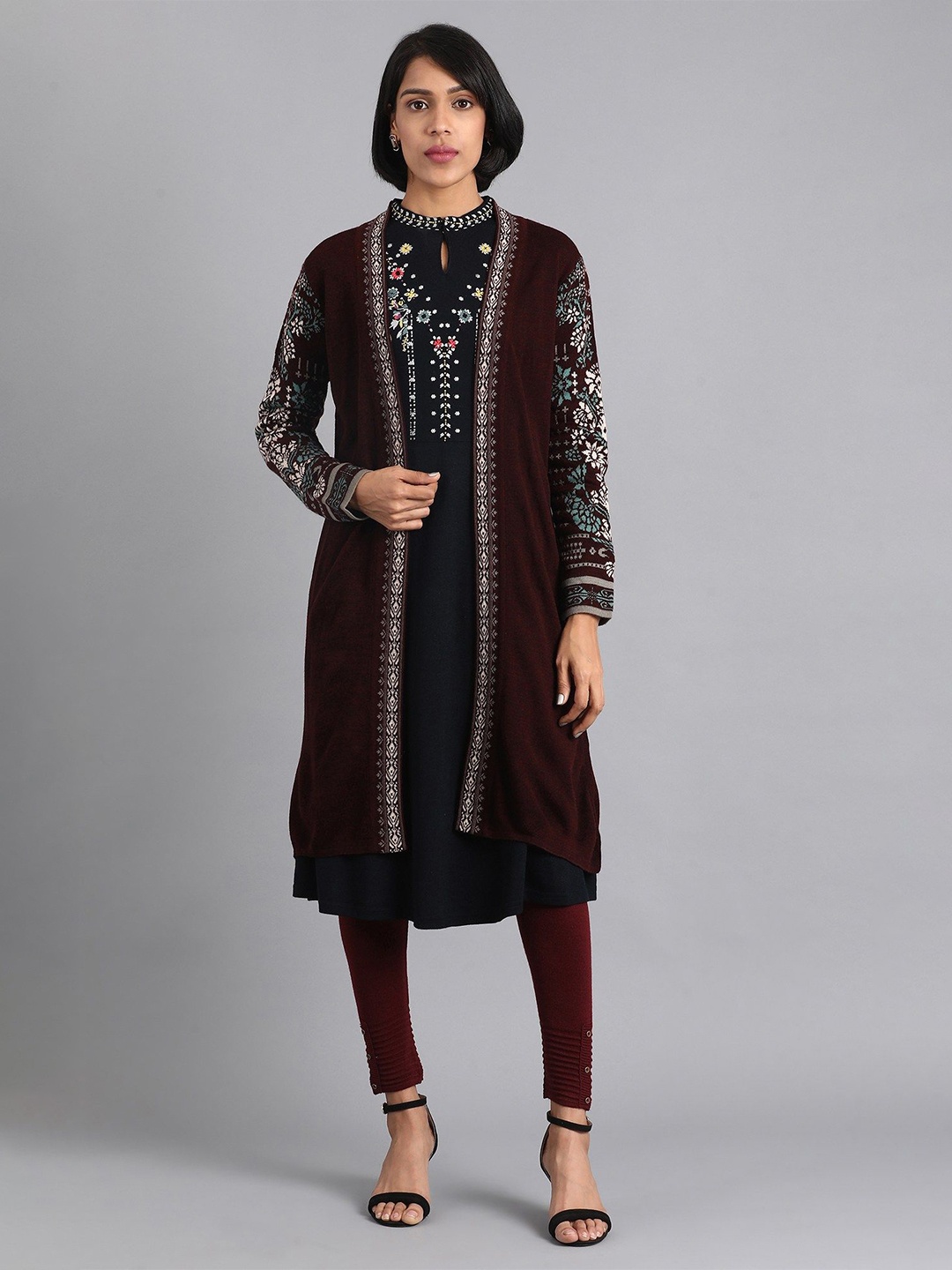 

W Women Floral Printed Polyester PU Coated Cardigan, Purple