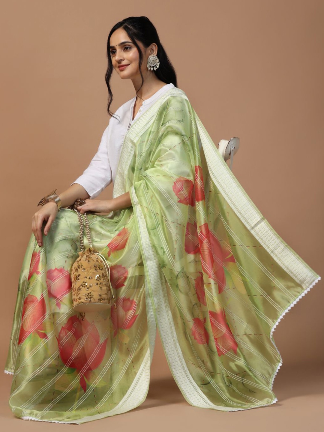 

Kaizen TEXO FAB Sequinned Floral Embroidered Organza Dupatta, Green