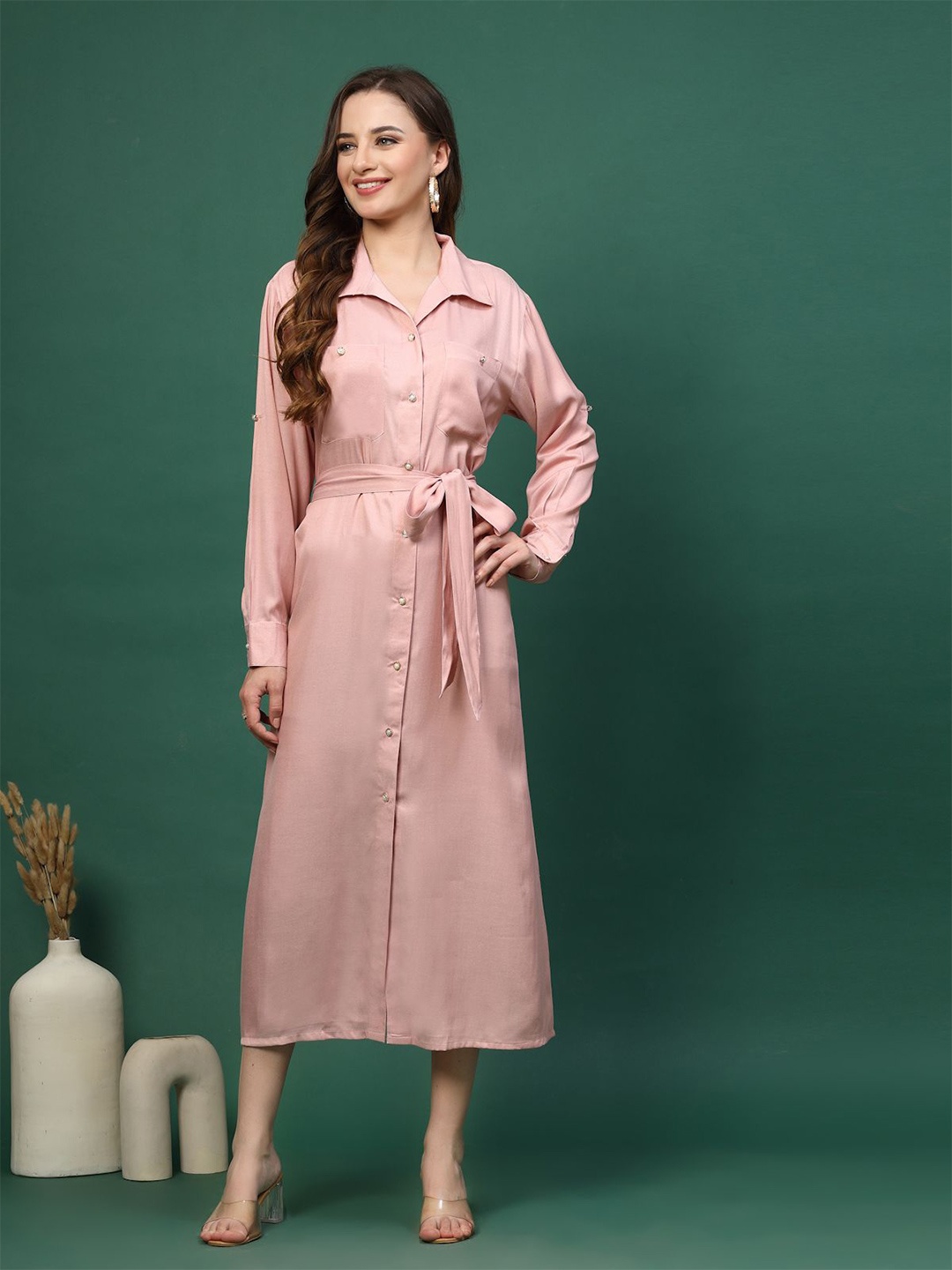 

plusS Full Sleeve Midi Shirt Dress, Pink