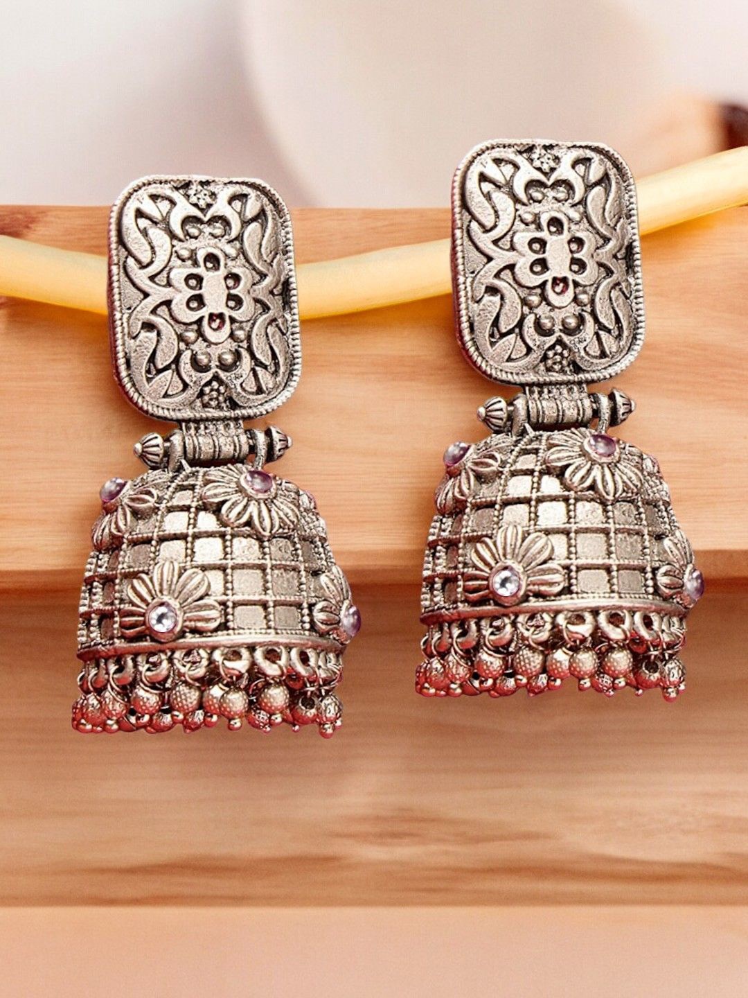 

Sangria Oxidized Floral Shaped Jhumkas, Silver