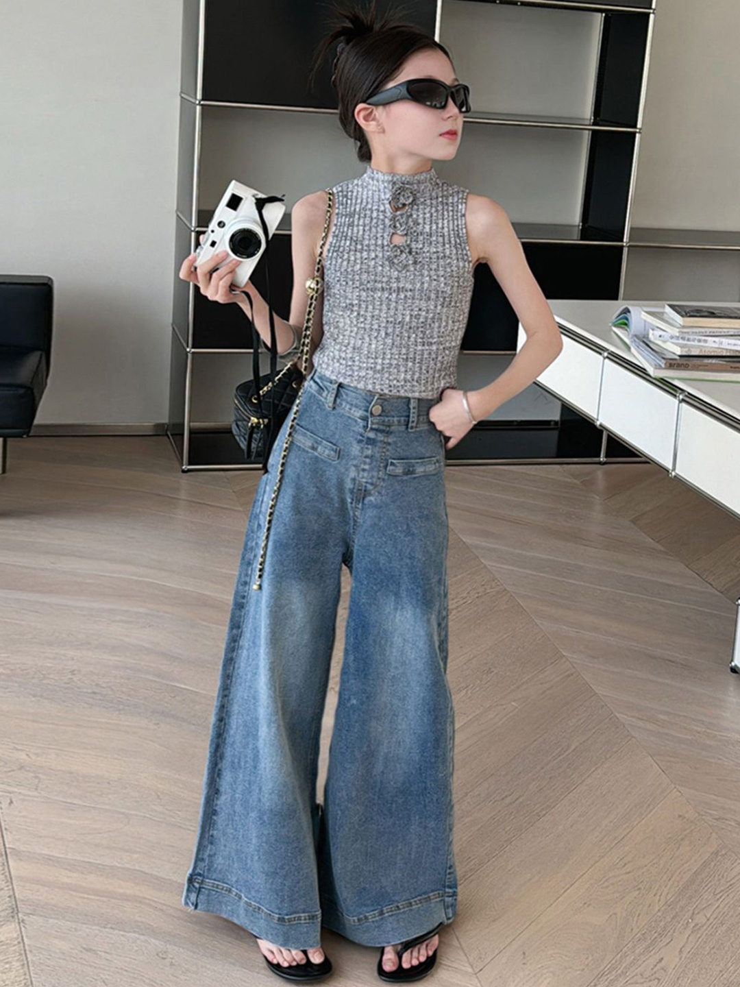 

INCLUD Girls High Waist Flared Denim Jeans, Blue