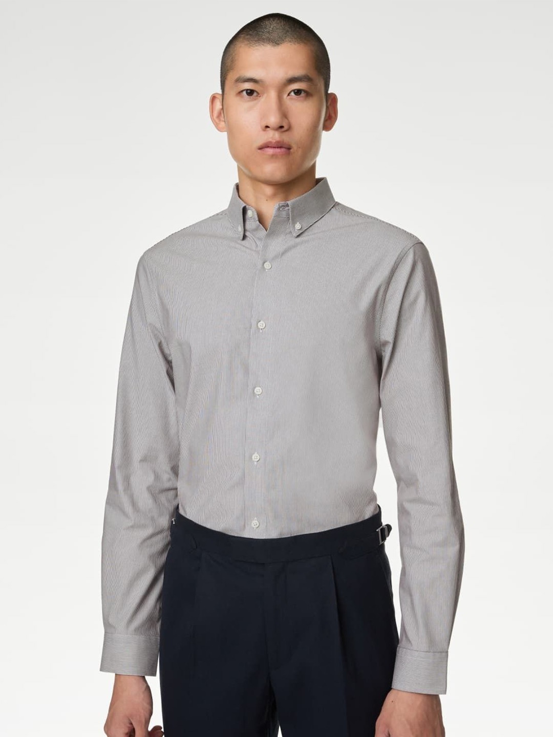 

Marks & Spencer Men Slim Fit Opaque Striped Casual Shirt, Grey