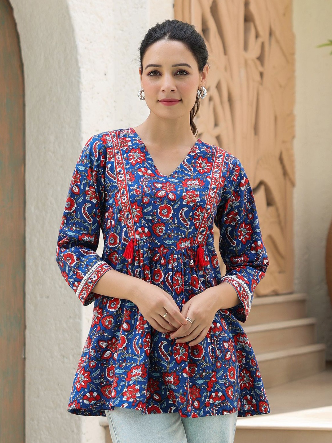 

Rain & Rainbow Floral Printed Cotton Empire Top, Blue