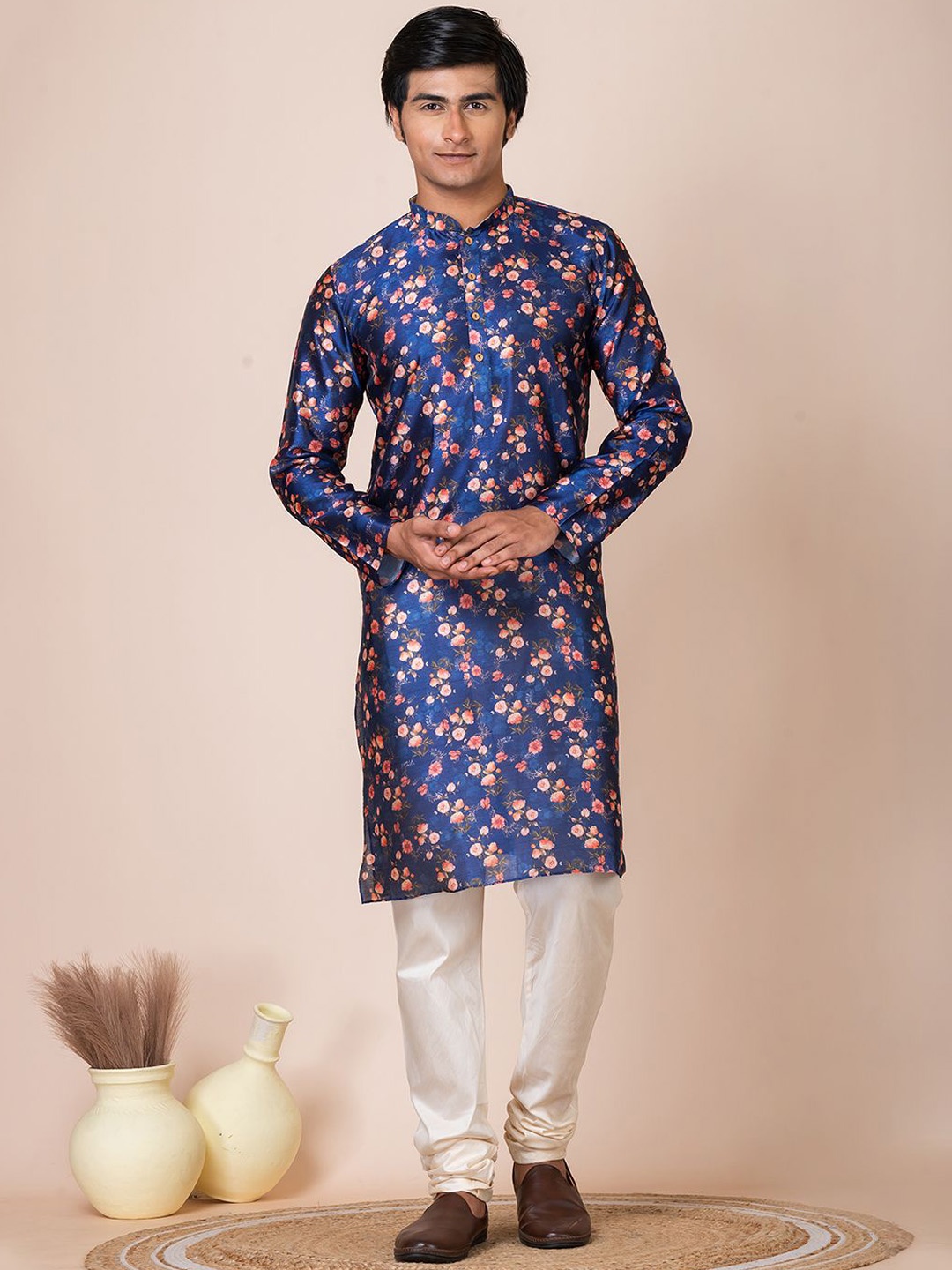 

HU - Handcrafted Uniquely Floral Printed Straight Kurta, Navy blue