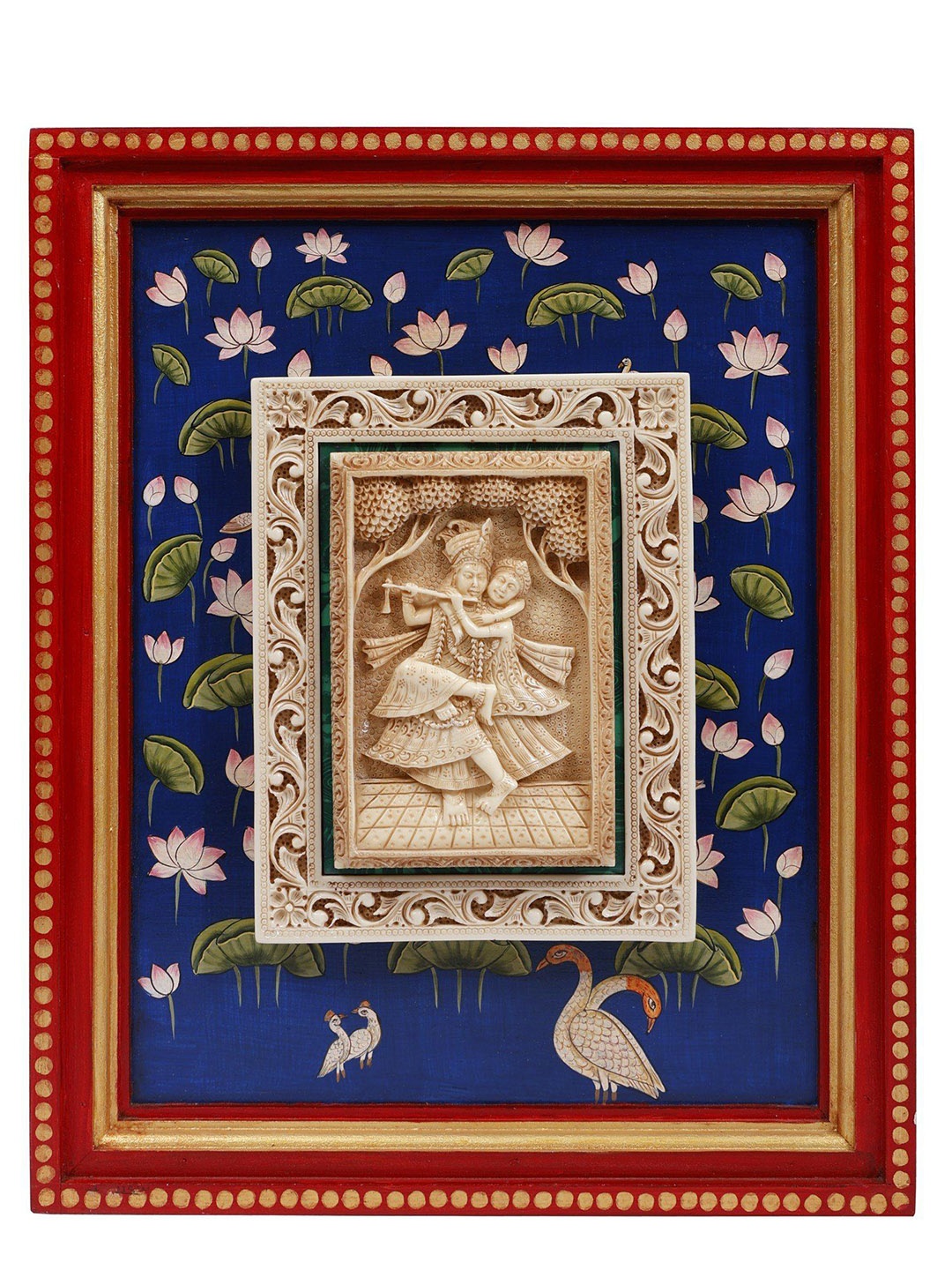 

Exotic India Wooden Framed Dancing Radha-Krishna Painted Wall Hanging, White