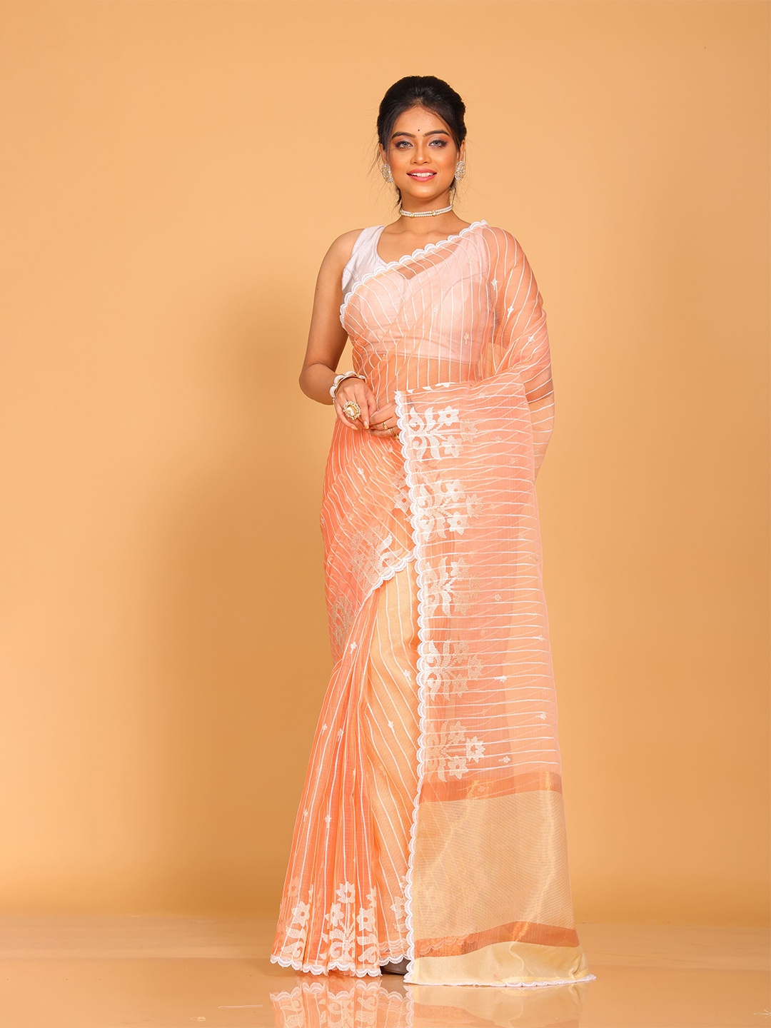 

Morchari Striped Embroidered Organza Saree, Peach