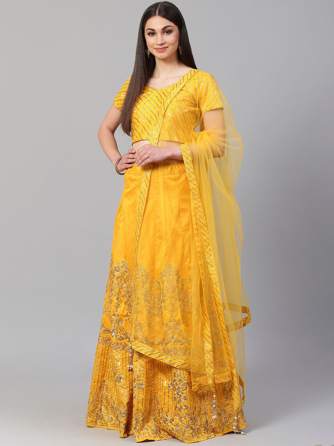 

FABPIXEL Embroidered Sequinned Semi-Stitched Lehenga & Unstitched Blouse With Dupatta, Yellow