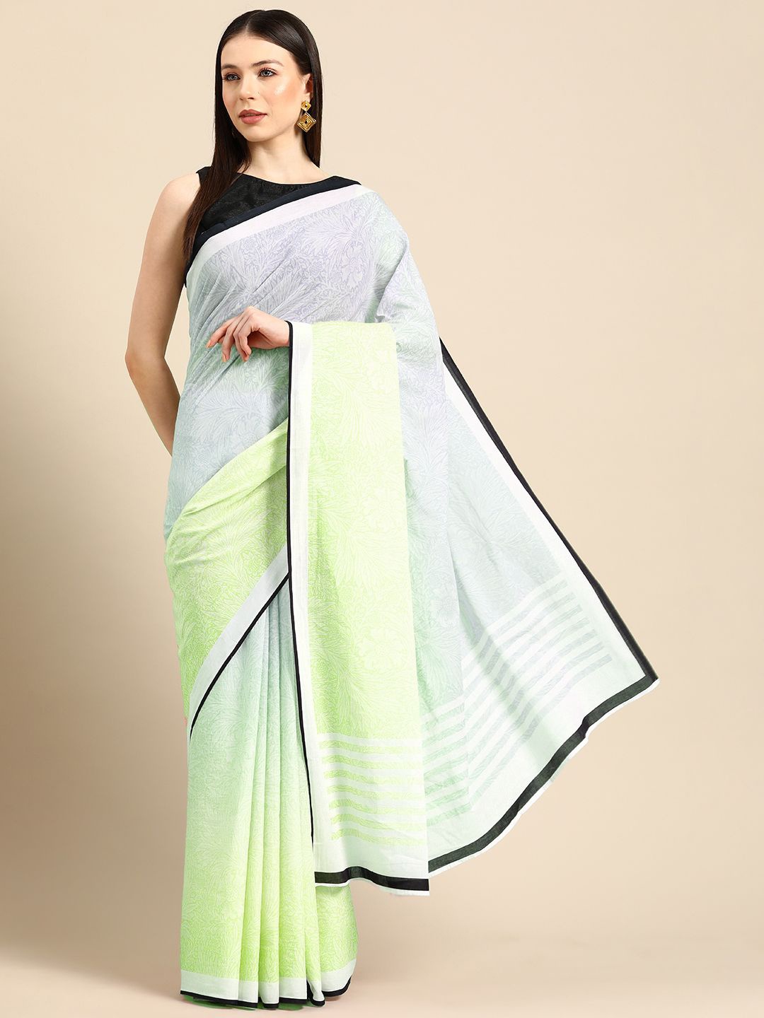 

BUTA BUTI Floral Pure Cotton Saree, Lime green