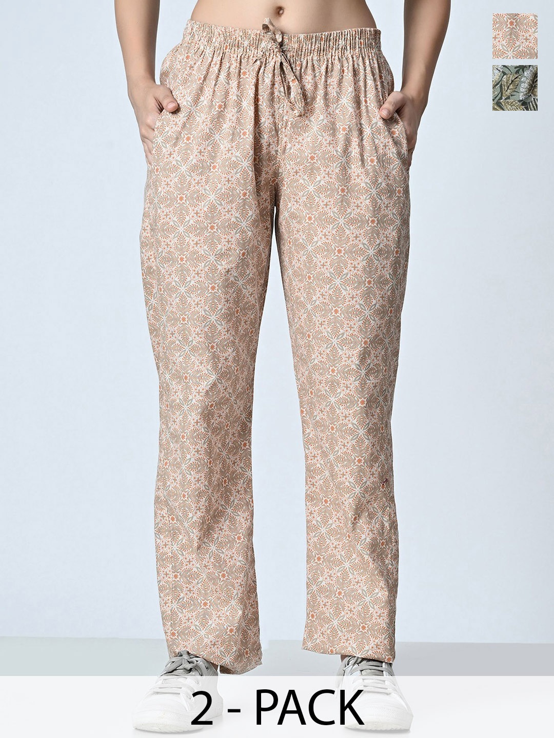 

BAESD Pack Of 2 Women Printed Pure Cotton Trousers, Brown
