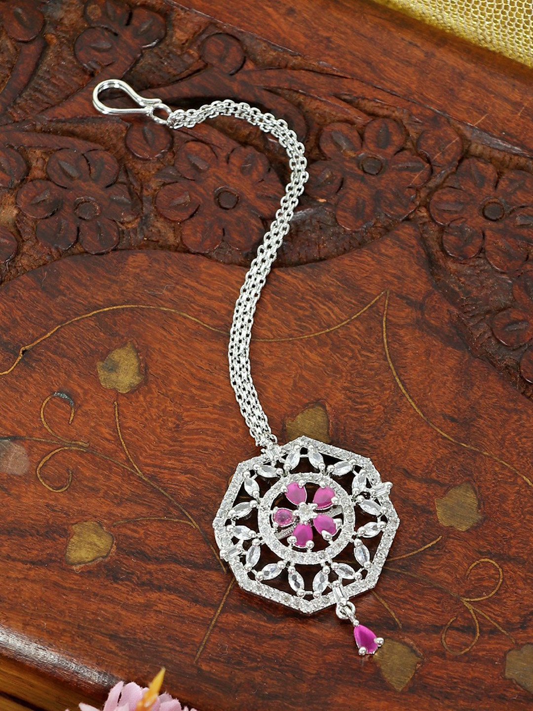

Zoey Silver-Plated American Diamond Studded Maang Tikka Head Jewellery