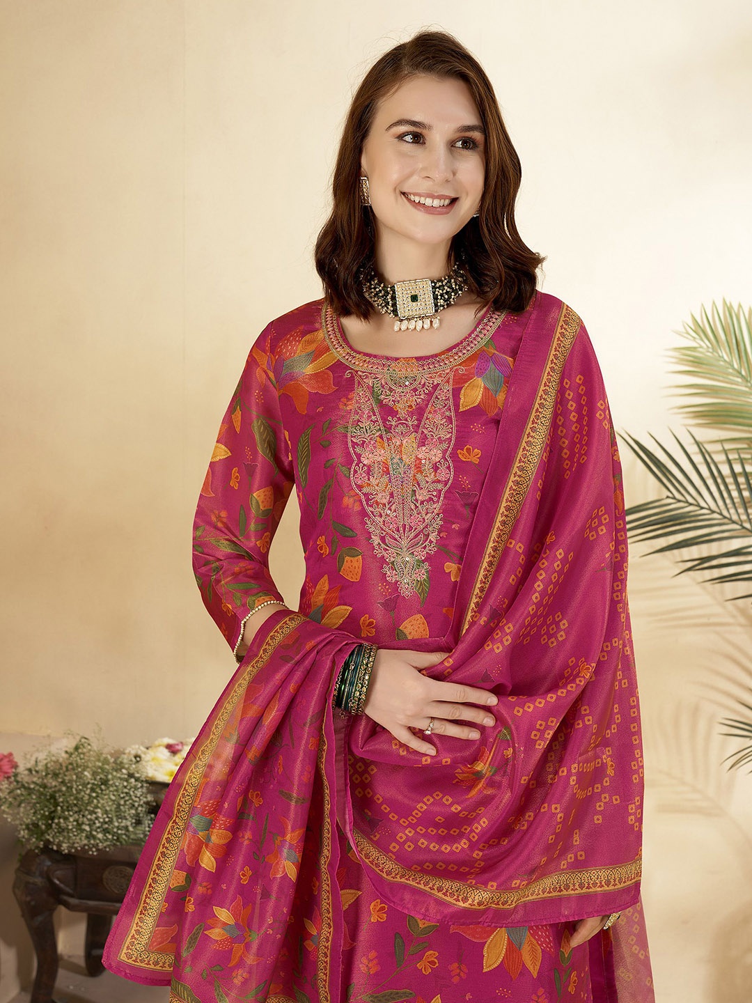 

Anouk Red Floral Printed Sequinned Straight Kurta With Trouser & Dupatta