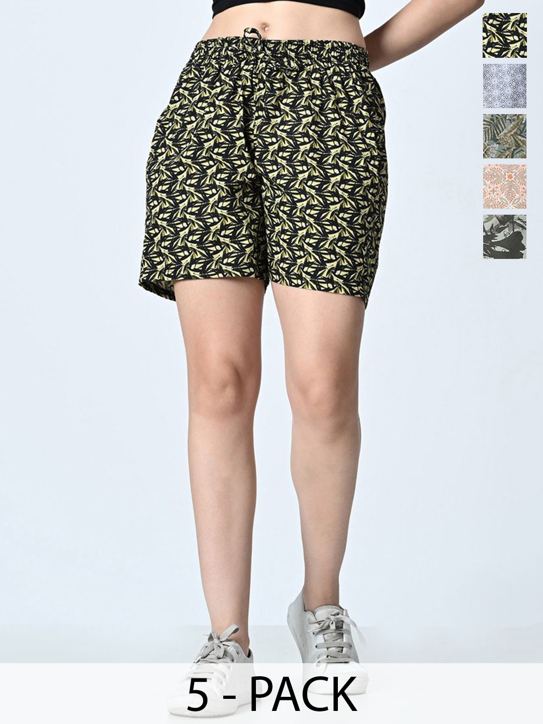 

BAESD Pack of 5 Women Printed High-Rise Regular Shorts, Green