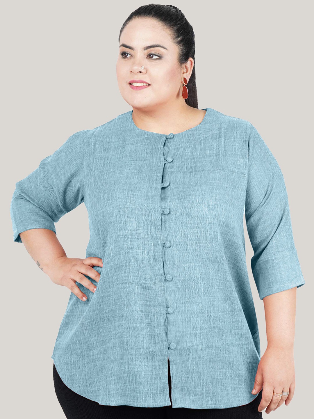 

Indietoga Women Plus Size Solid Cotton-Linen Tunic, Blue