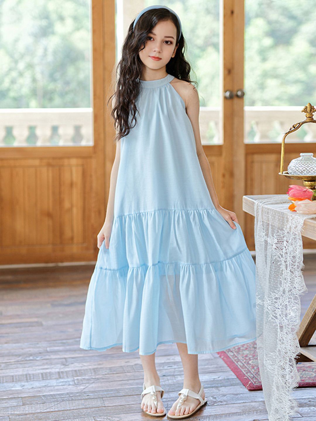 

INCLUD Girls Halter Neck A-Line Midi Dress, Blue