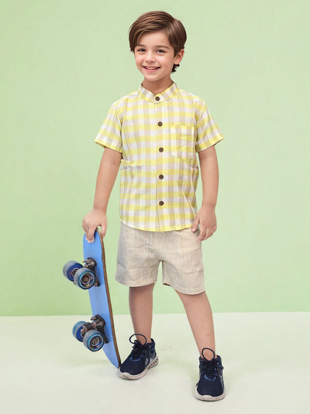 

Toonyport Boys Checked Band Collar Pure Cotton Shirt With Shorts, Yellow