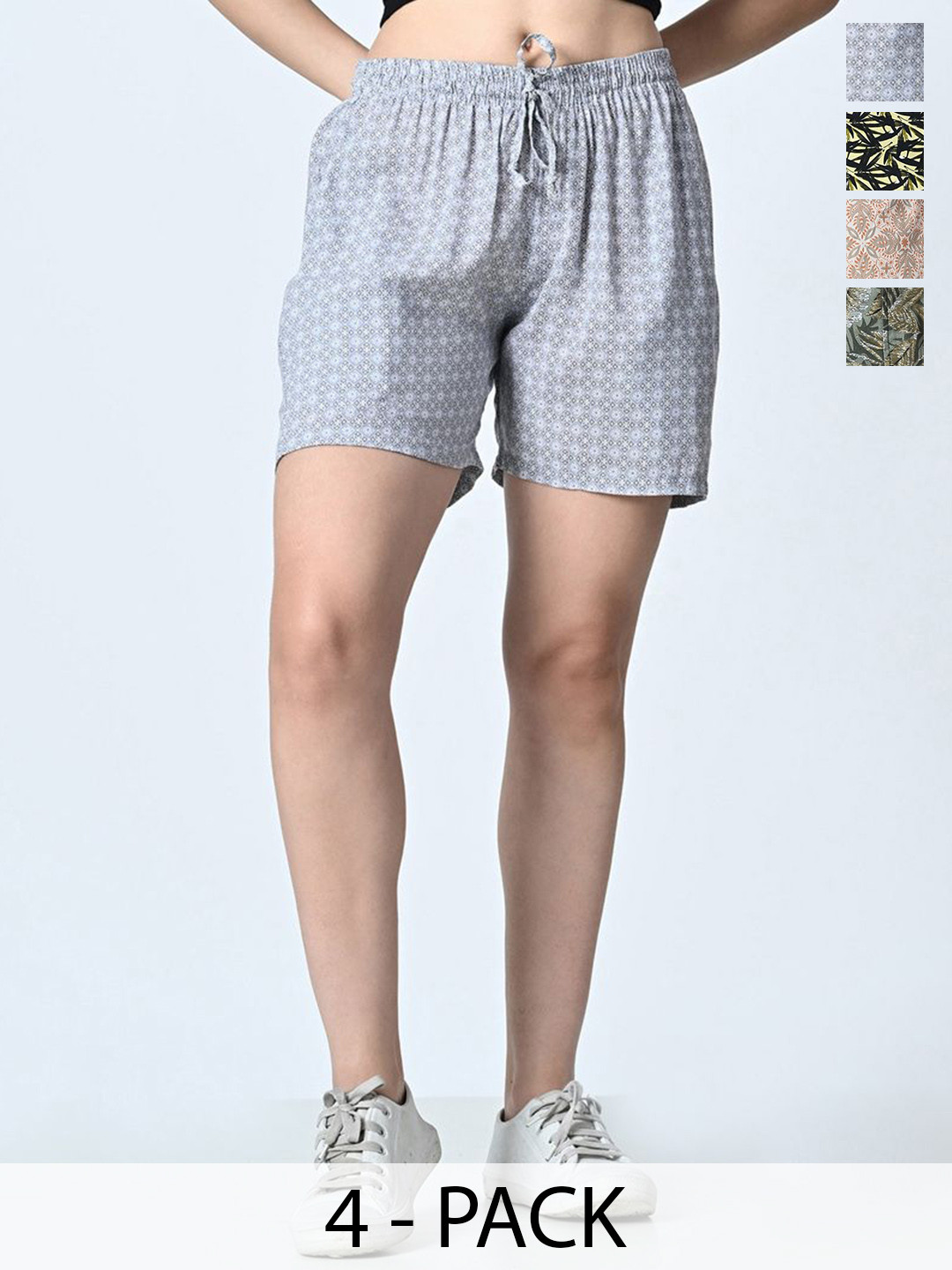 

BAESD Pack Of 4 Women Printed Pure Cotton High-Rise Technology Shorts, Grey