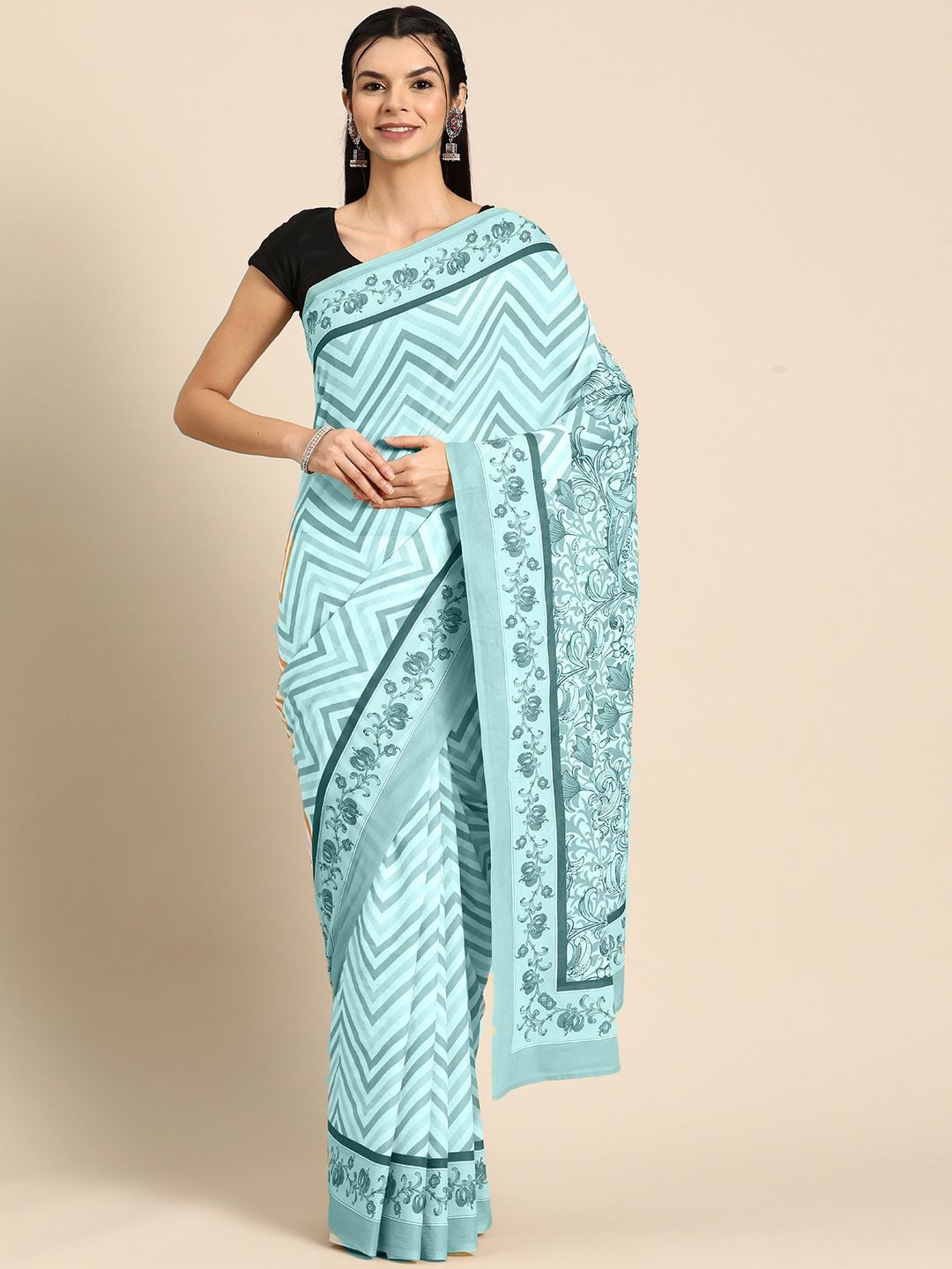 

BUTA BUTI Printed Geomatric Floral Pure Cotton Saree, Sea green