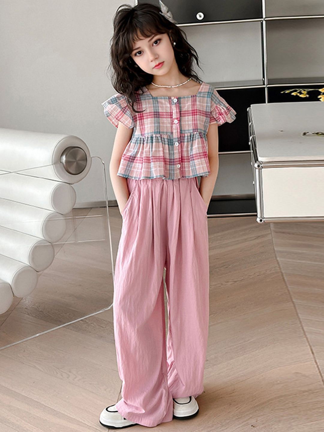 

INCLUD Geometric Checked Cotton Top, Pink