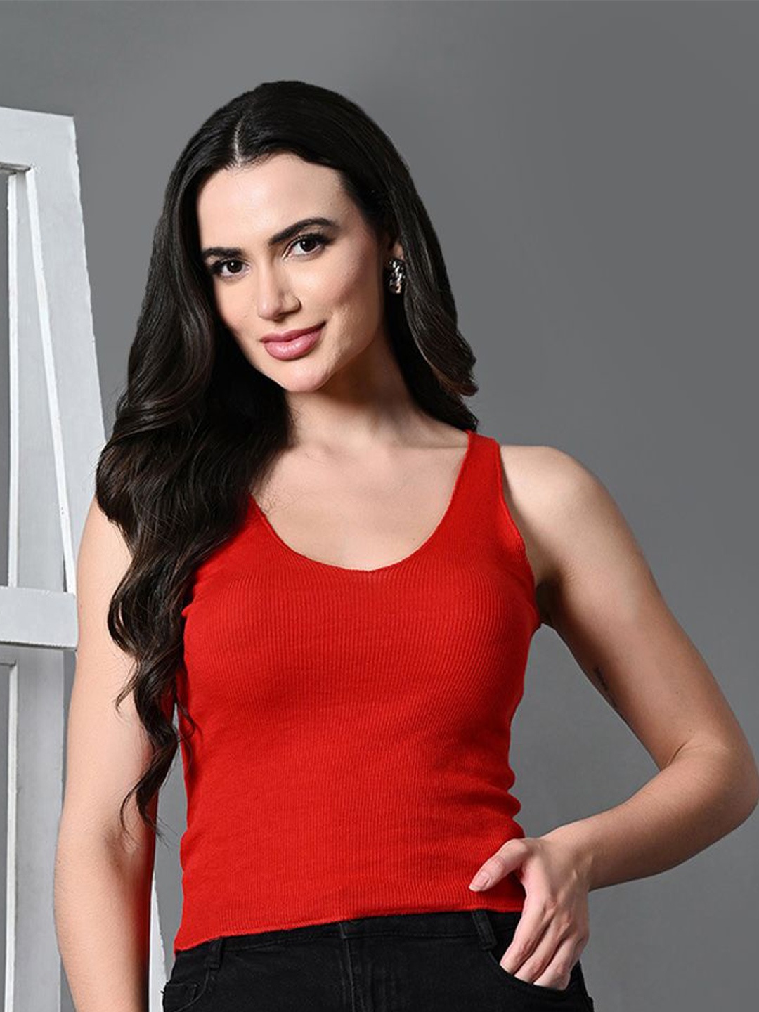 

Roadster Ribbed Cotton Crop Top, Red