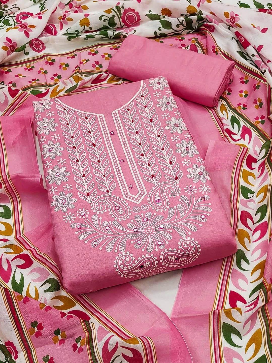 

Peachmode Floral Printed Mirror Work Pure Cotton Unstitched Dress Material, Pink