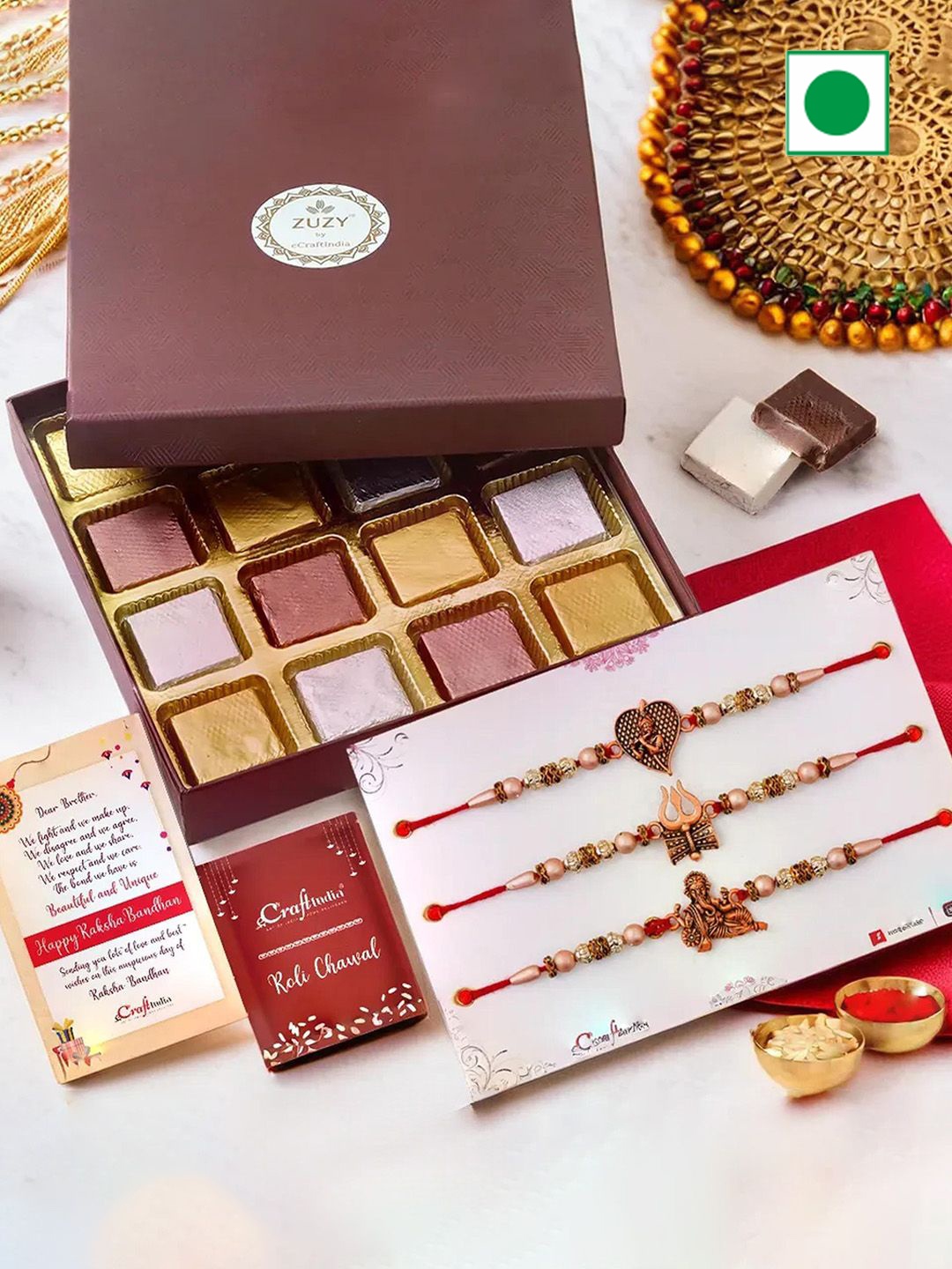 

eCraftIndia Set of 3 Beaded Rakhis with Chocolate Box And Roli Chawal, Gold