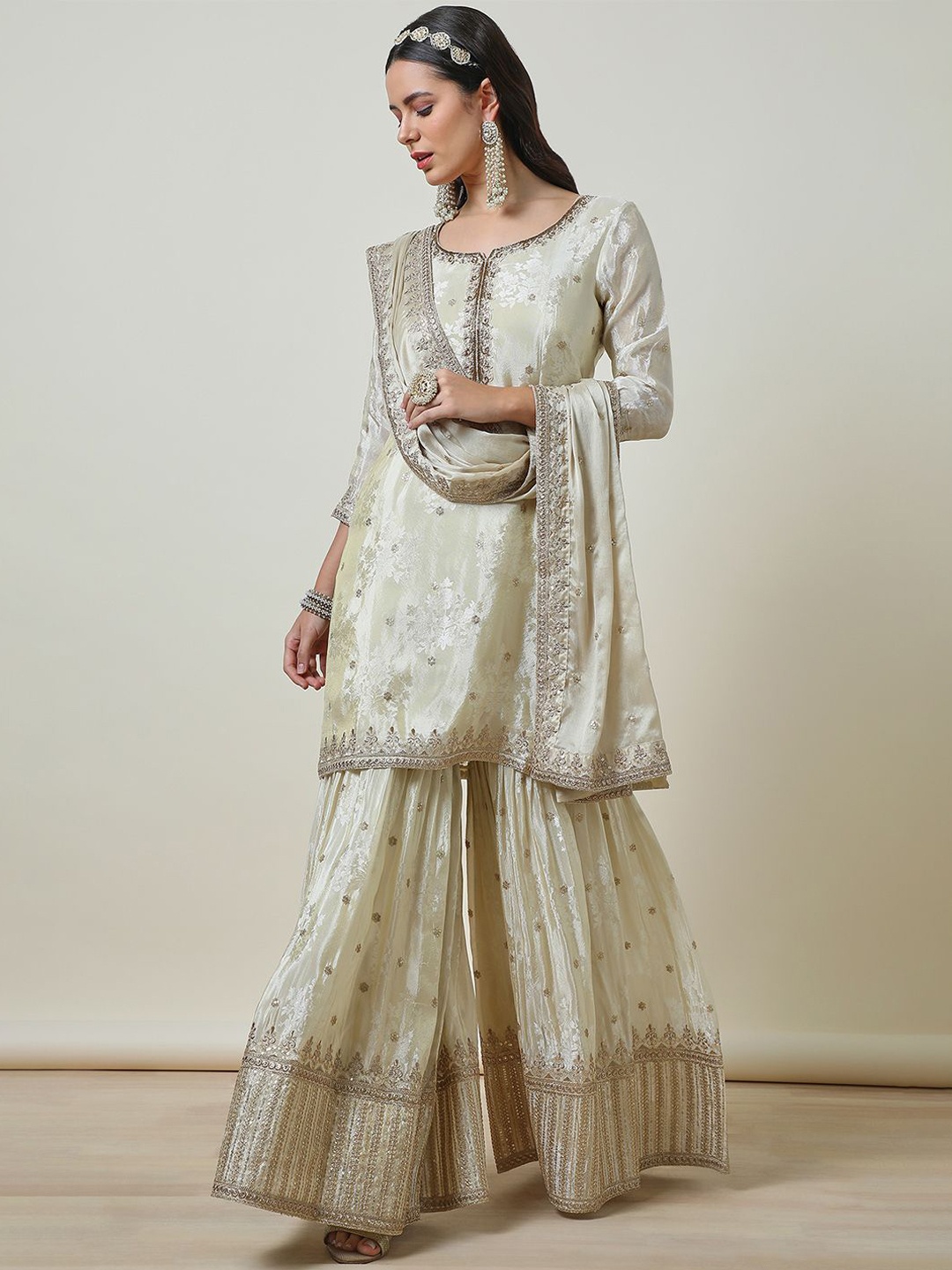 

Soch Cream Floral Embroidered Notch Neck Zari Straight Kurta With Sharara & Dupatta