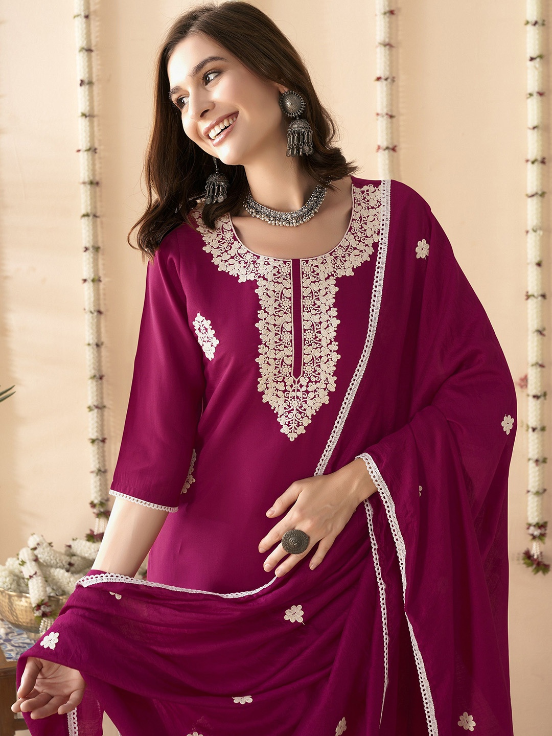 

Anouk Pink Floral Embroidered Straight Kurta With Trouser & Dupatta