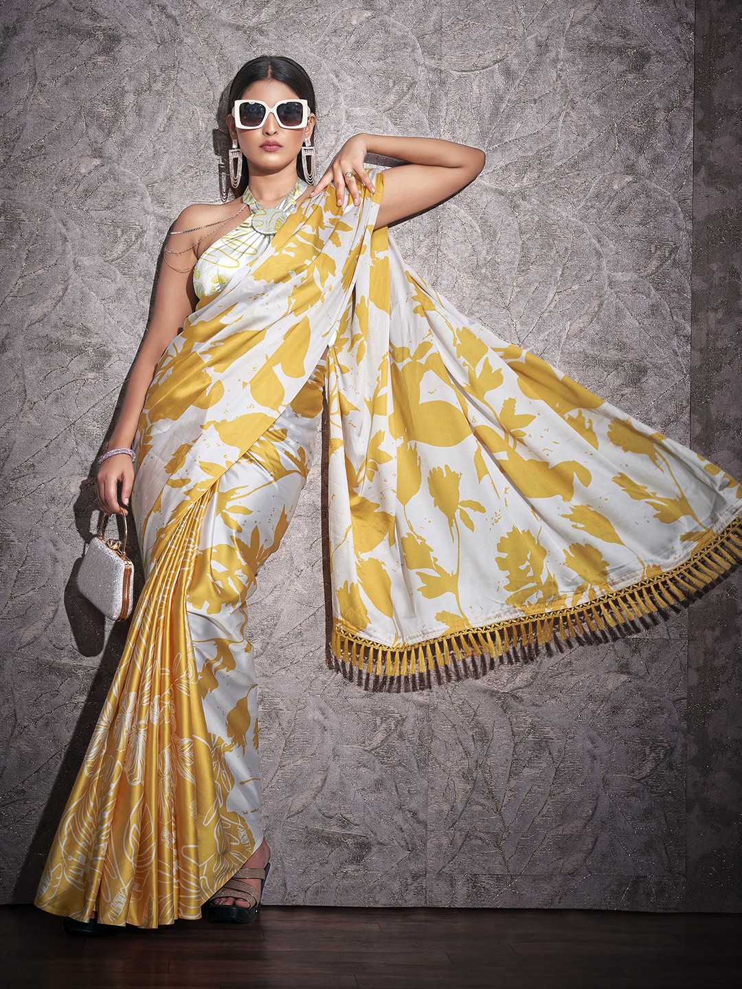

Tikhi Imli Floral Printed Satin Saree With Blouse, White