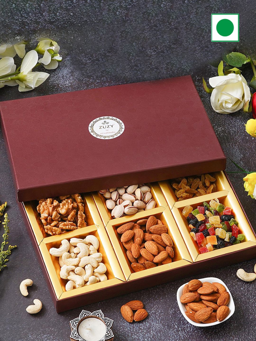 

eCraftIndia Set of 5 Rudraksha Rakhis With Zuzy Dry Fruit Box & Roli Chawal Pack, Gold